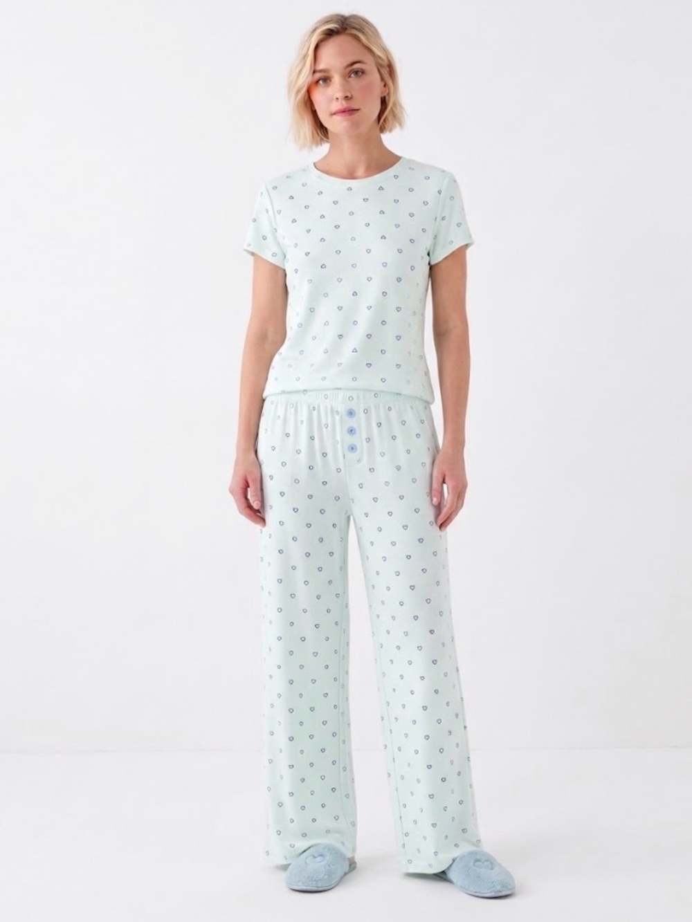 SUNDRY Blue Mini Hearts Pajama Set Modal-Cotton Luxe Blend Sleeper Size XS